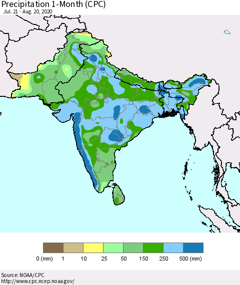 Southern Asia Precipitation 1-Month (CPC) Thematic Map For 7/21/2020 - 8/20/2020