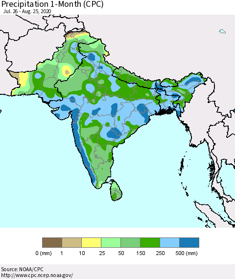 Southern Asia Precipitation 1-Month (CPC) Thematic Map For 7/26/2020 - 8/25/2020