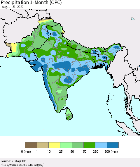 Southern Asia Precipitation 1-Month (CPC) Thematic Map For 8/1/2020 - 8/31/2020