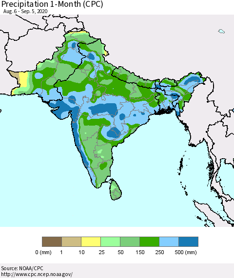 Southern Asia Precipitation 1-Month (CPC) Thematic Map For 8/6/2020 - 9/5/2020