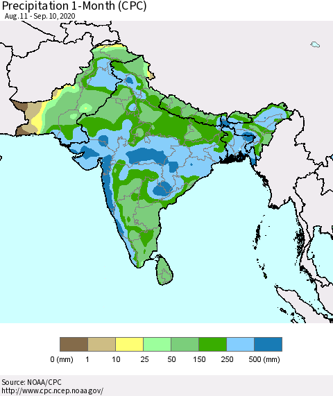 Southern Asia Precipitation 1-Month (CPC) Thematic Map For 8/11/2020 - 9/10/2020