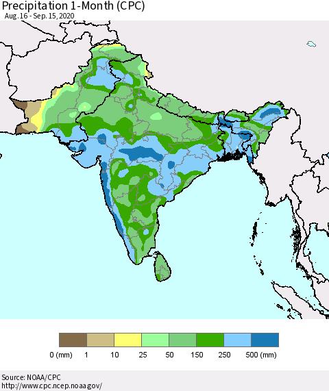 Southern Asia Precipitation 1-Month (CPC) Thematic Map For 8/16/2020 - 9/15/2020