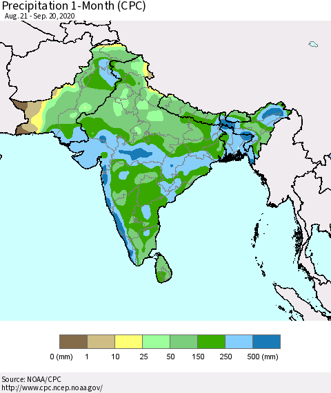 Southern Asia Precipitation 1-Month (CPC) Thematic Map For 8/21/2020 - 9/20/2020