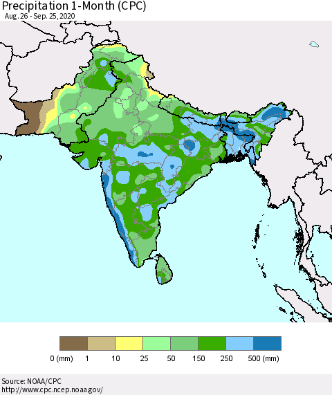 Southern Asia Precipitation 1-Month (CPC) Thematic Map For 8/26/2020 - 9/25/2020