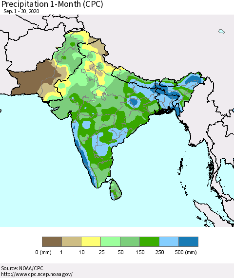 Southern Asia Precipitation 1-Month (CPC) Thematic Map For 9/1/2020 - 9/30/2020
