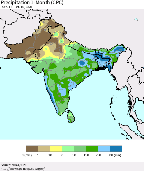Southern Asia Precipitation 1-Month (CPC) Thematic Map For 9/11/2020 - 10/10/2020