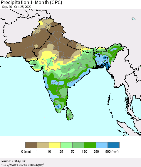 Southern Asia Precipitation 1-Month (CPC) Thematic Map For 9/26/2020 - 10/25/2020