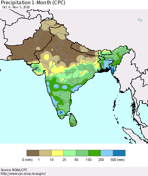 Southern Asia Precipitation 1-Month (CPC) Thematic Map For 10/6/2020 - 11/5/2020