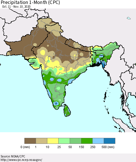 Southern Asia Precipitation 1-Month (CPC) Thematic Map For 10/11/2020 - 11/10/2020
