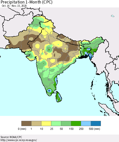 Southern Asia Precipitation 1-Month (CPC) Thematic Map For 10/16/2020 - 11/15/2020