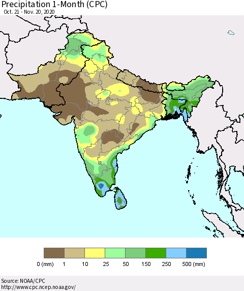 Southern Asia Precipitation 1-Month (CPC) Thematic Map For 10/21/2020 - 11/20/2020