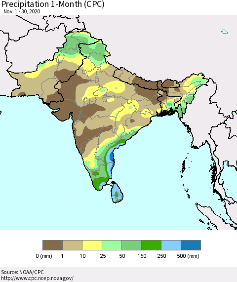 Southern Asia Precipitation 1-Month (CPC) Thematic Map For 11/1/2020 - 11/30/2020