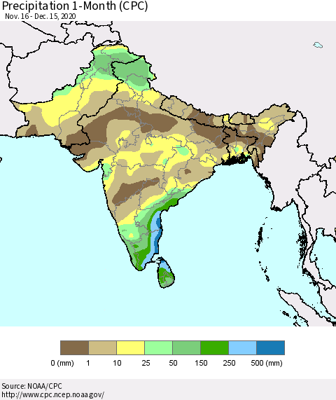 Southern Asia Precipitation 1-Month (CPC) Thematic Map For 11/16/2020 - 12/15/2020