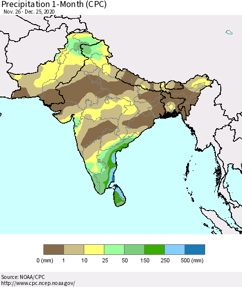 Southern Asia Precipitation 1-Month (CPC) Thematic Map For 11/26/2020 - 12/25/2020
