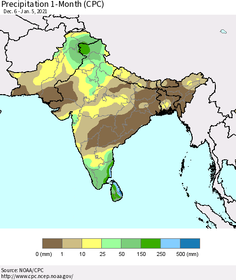 Southern Asia Precipitation 1-Month (CPC) Thematic Map For 12/6/2020 - 1/5/2021