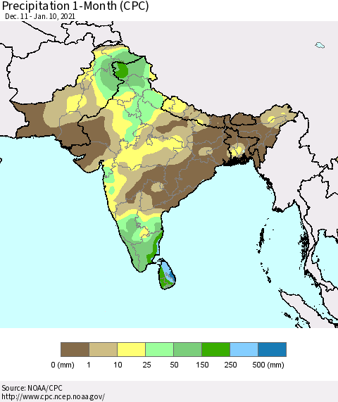Southern Asia Precipitation 1-Month (CPC) Thematic Map For 12/11/2020 - 1/10/2021