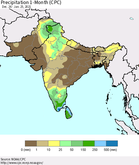 Southern Asia Precipitation 1-Month (CPC) Thematic Map For 12/26/2020 - 1/25/2021