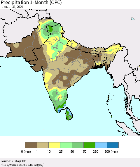 Southern Asia Precipitation 1-Month (CPC) Thematic Map For 1/1/2021 - 1/31/2021