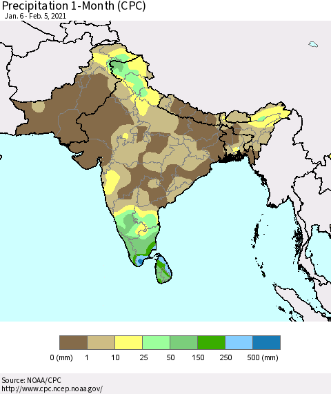Southern Asia Precipitation 1-Month (CPC) Thematic Map For 1/6/2021 - 2/5/2021