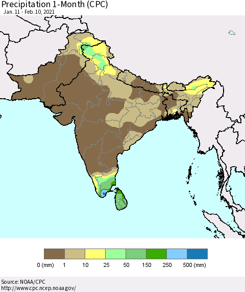 Southern Asia Precipitation 1-Month (CPC) Thematic Map For 1/11/2021 - 2/10/2021