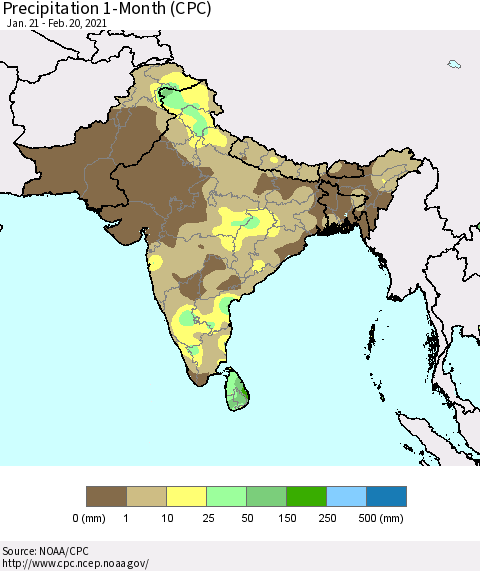 Southern Asia Precipitation 1-Month (CPC) Thematic Map For 1/21/2021 - 2/20/2021