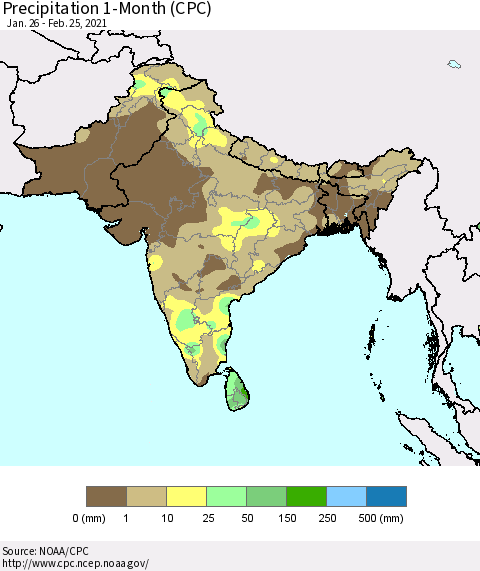 Southern Asia Precipitation 1-Month (CPC) Thematic Map For 1/26/2021 - 2/25/2021