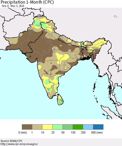 Southern Asia Precipitation 1-Month (CPC) Thematic Map For 2/6/2021 - 3/5/2021