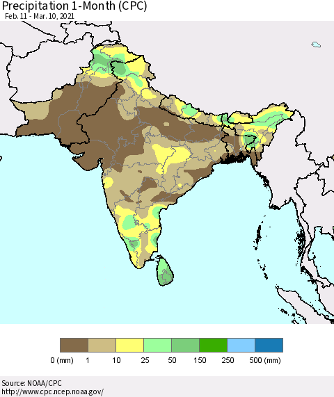 Southern Asia Precipitation 1-Month (CPC) Thematic Map For 2/11/2021 - 3/10/2021
