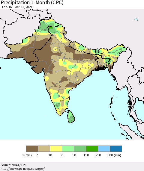 Southern Asia Precipitation 1-Month (CPC) Thematic Map For 2/16/2021 - 3/15/2021