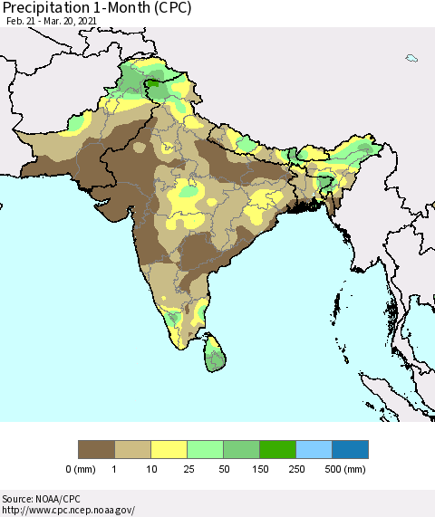 Southern Asia Precipitation 1-Month (CPC) Thematic Map For 2/21/2021 - 3/20/2021