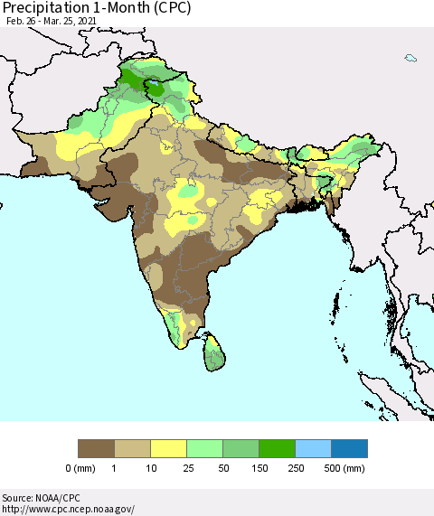 Southern Asia Precipitation 1-Month (CPC) Thematic Map For 2/26/2021 - 3/25/2021