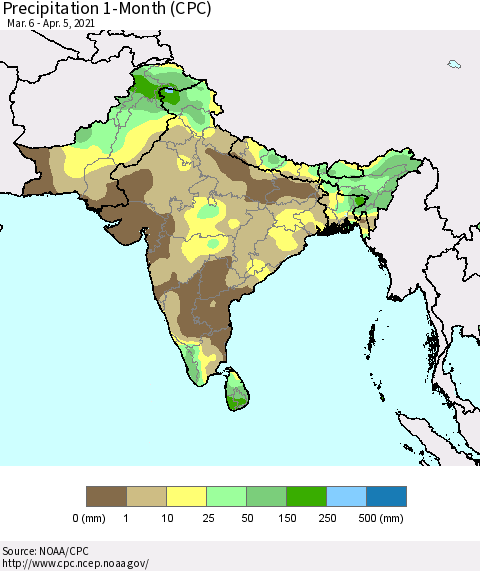 Southern Asia Precipitation 1-Month (CPC) Thematic Map For 3/6/2021 - 4/5/2021