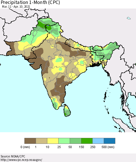 Southern Asia Precipitation 1-Month (CPC) Thematic Map For 3/11/2021 - 4/10/2021