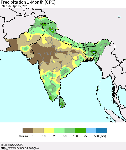 Southern Asia Precipitation 1-Month (CPC) Thematic Map For 3/26/2021 - 4/25/2021