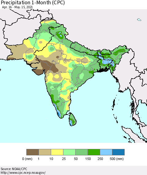 Southern Asia Precipitation 1-Month (CPC) Thematic Map For 4/16/2021 - 5/15/2021