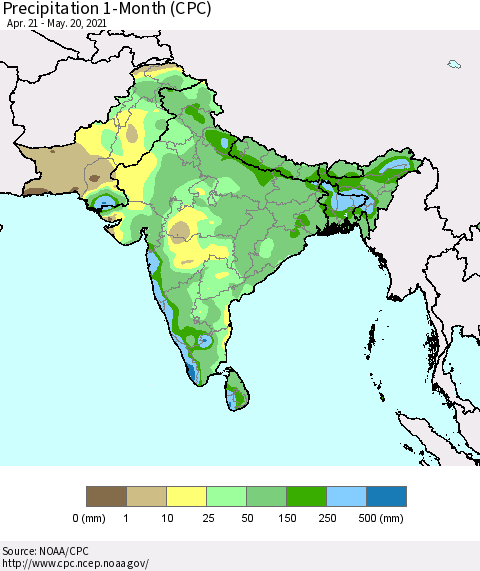 Southern Asia Precipitation 1-Month (CPC) Thematic Map For 4/21/2021 - 5/20/2021