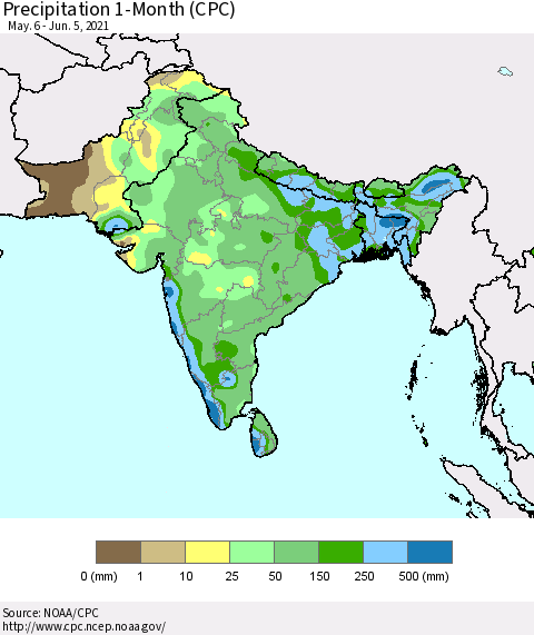 Southern Asia Precipitation 1-Month (CPC) Thematic Map For 5/6/2021 - 6/5/2021