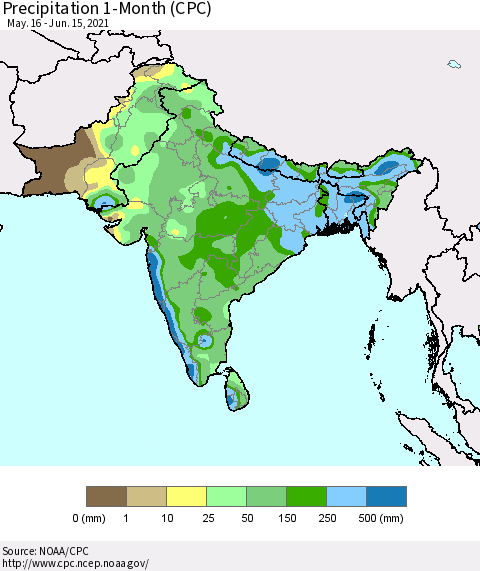Southern Asia Precipitation 1-Month (CPC) Thematic Map For 5/16/2021 - 6/15/2021