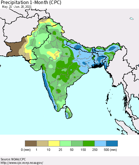 Southern Asia Precipitation 1-Month (CPC) Thematic Map For 5/21/2021 - 6/20/2021