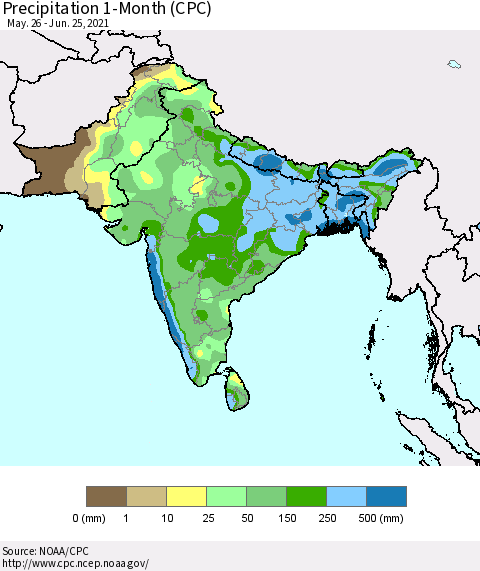 Southern Asia Precipitation 1-Month (CPC) Thematic Map For 5/26/2021 - 6/25/2021