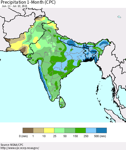 Southern Asia Precipitation 1-Month (CPC) Thematic Map For 6/11/2021 - 7/10/2021