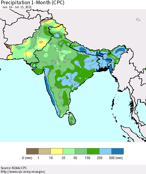 Southern Asia Precipitation 1-Month (CPC) Thematic Map For 6/16/2021 - 7/15/2021