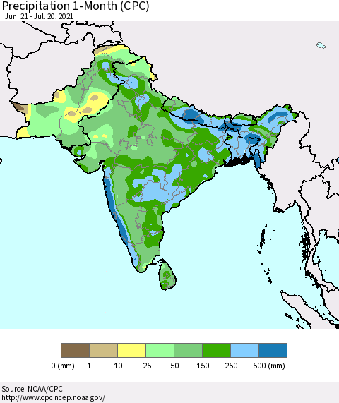 Southern Asia Precipitation 1-Month (CPC) Thematic Map For 6/21/2021 - 7/20/2021