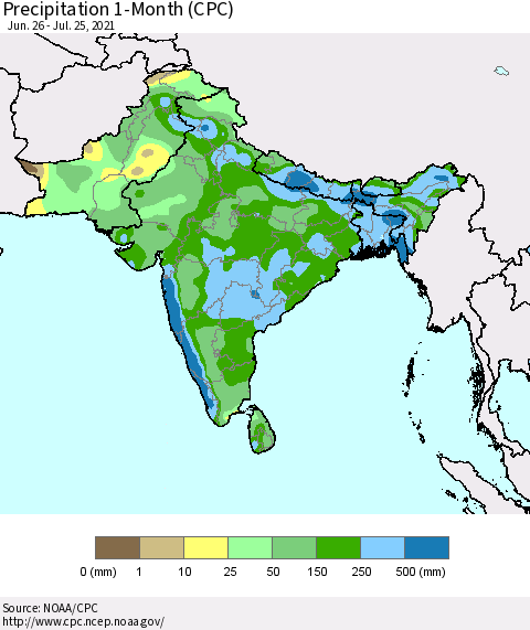 Southern Asia Precipitation 1-Month (CPC) Thematic Map For 6/26/2021 - 7/25/2021