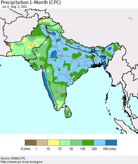 Southern Asia Precipitation 1-Month (CPC) Thematic Map For 7/6/2021 - 8/5/2021