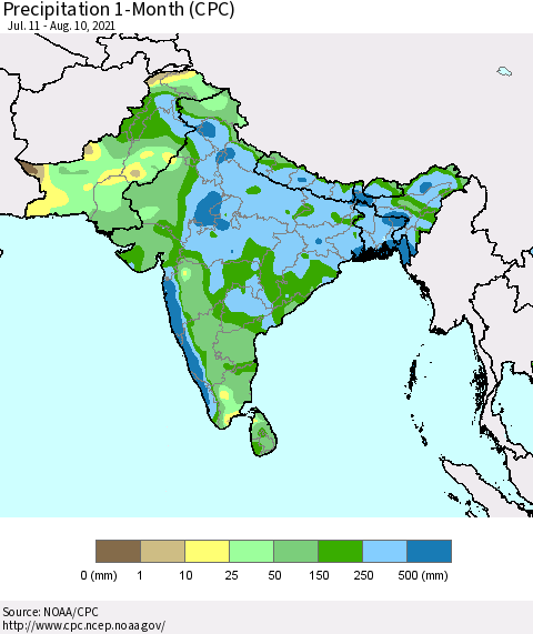 Southern Asia Precipitation 1-Month (CPC) Thematic Map For 7/11/2021 - 8/10/2021