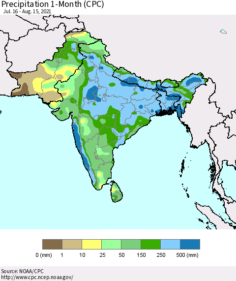 Southern Asia Precipitation 1-Month (CPC) Thematic Map For 7/16/2021 - 8/15/2021