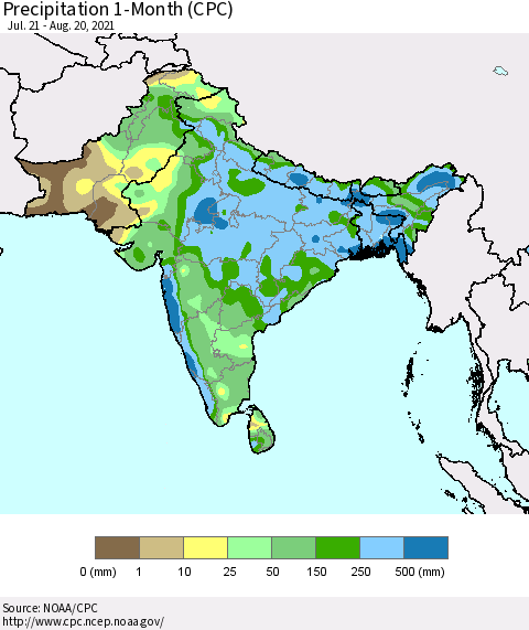 Southern Asia Precipitation 1-Month (CPC) Thematic Map For 7/21/2021 - 8/20/2021