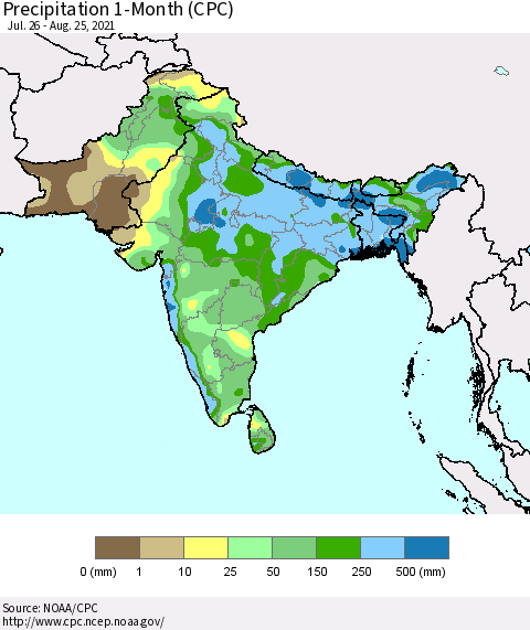 Southern Asia Precipitation 1-Month (CPC) Thematic Map For 7/26/2021 - 8/25/2021