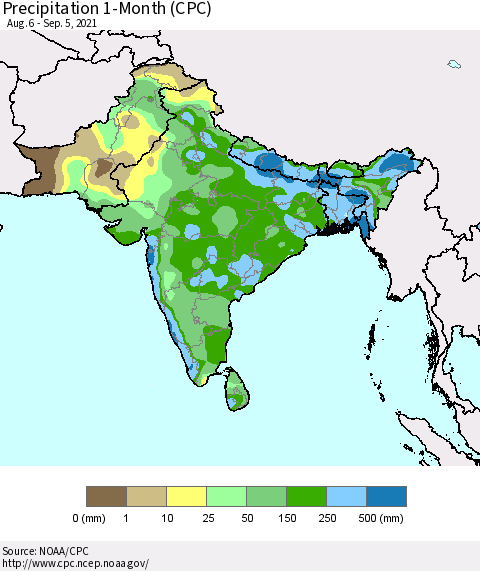Southern Asia Precipitation 1-Month (CPC) Thematic Map For 8/6/2021 - 9/5/2021
